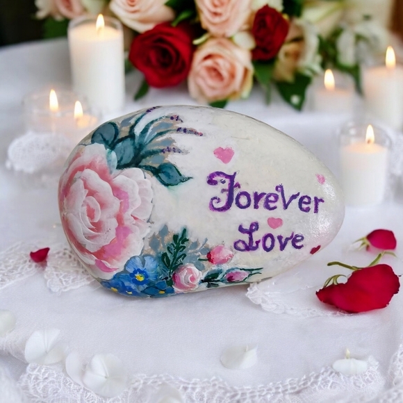 Painted LOVE river rock with rosy- peach roses, blue accent flowers, and hearts - Picture 3 of 17